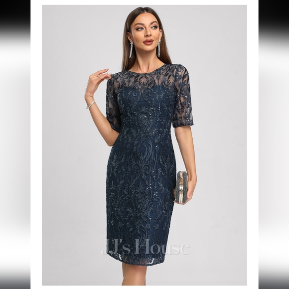 JJs House Navy Lace Midi Dress with Sequins. Sheer neck & sleeves. NWT.  Size 6 - Picture 4 of 11
